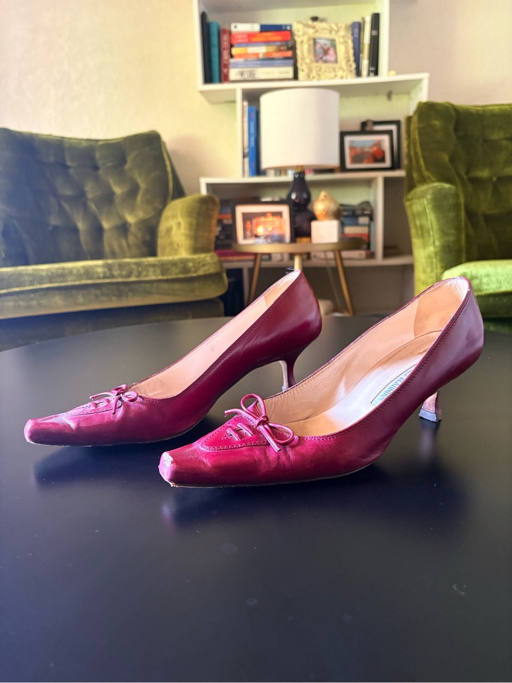 Manolo Blahnik Burgundy Leather Mid-Heel Pumps with Bow